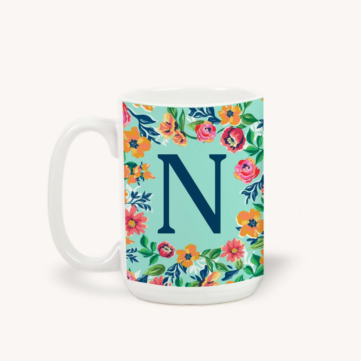 Personalization Mall Flowery Initial Coffee Mug, 15 Oz., Blue Aqua | Target