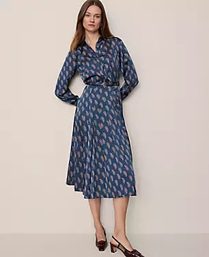 Paisley Pleated Flare Midi Dress | Ann Taylor