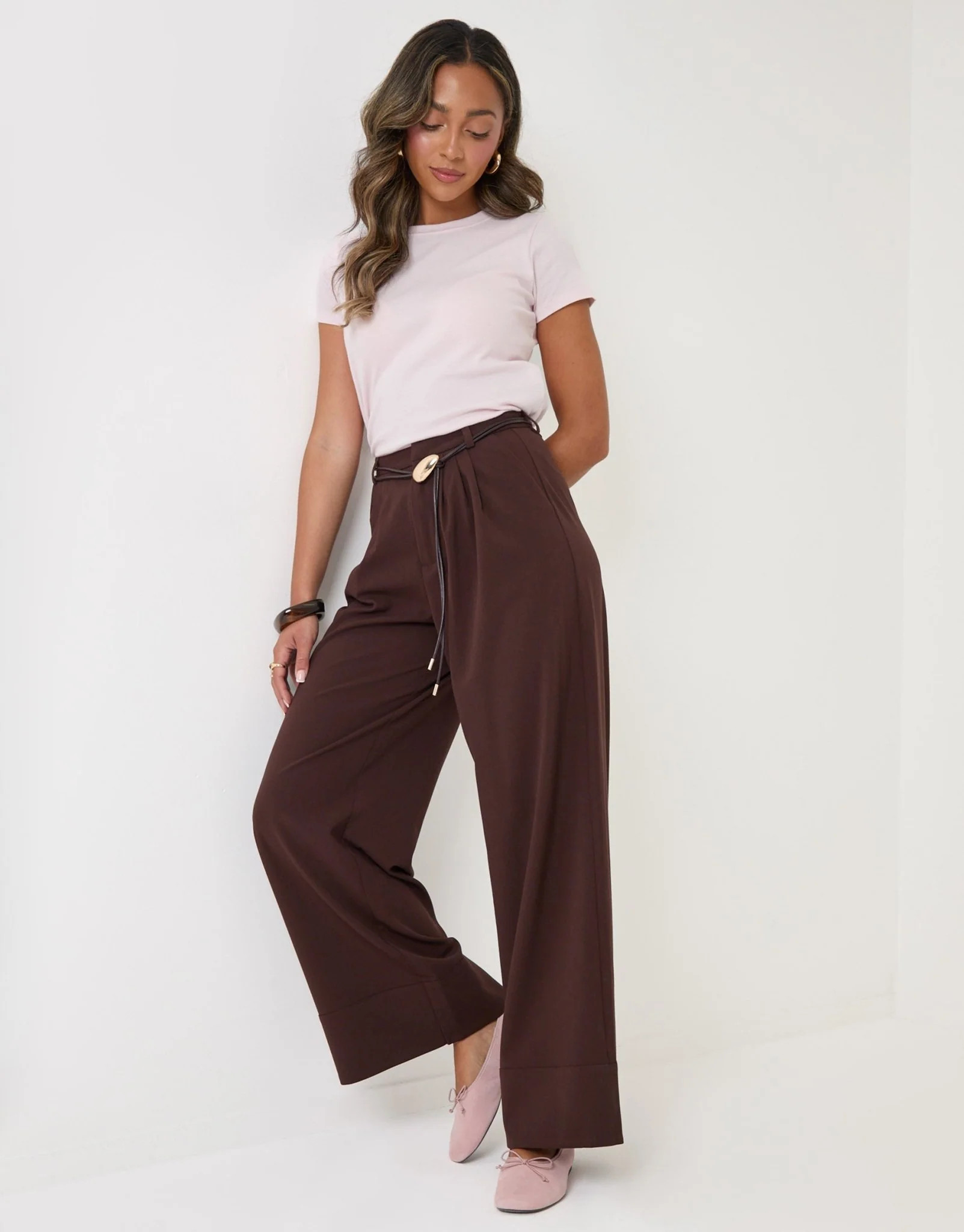 Pleated Wide Leg Trousers in Brown | Threadbare UK