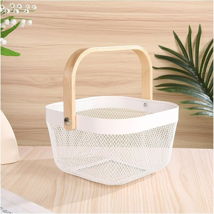Metal Mesh Wire Basket, Mini Steel Basket with Wooden Handle Storage Organizer Basket Multi-funct... | Amazon (US)