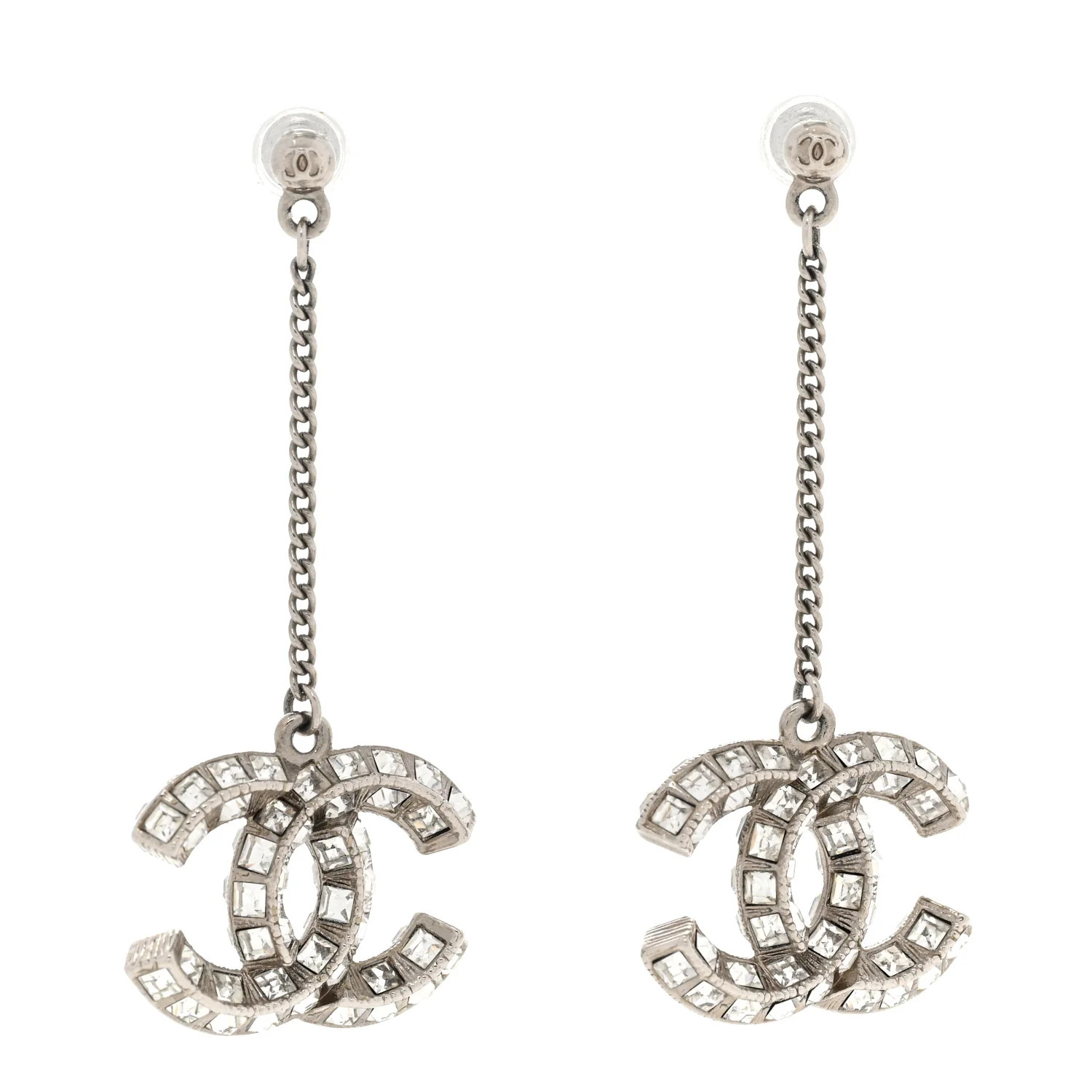 Chanel Baguette Crystal CC Drop Earrings Silver | FASHIONPHILE (US)