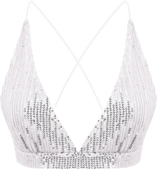Women\u2019s Sexy Sequin Crop Top V Neck Bandage Tank Top Bustier Cami Dance Bra Top for Club Rav... | Amazon (US)
