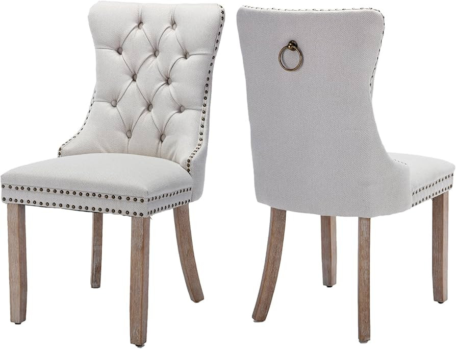 Dining Chairs Set of 2, Upholstered Tufted Linen Fabric Dining Room Chairs with High Back, Nailhe... | Amazon (US)