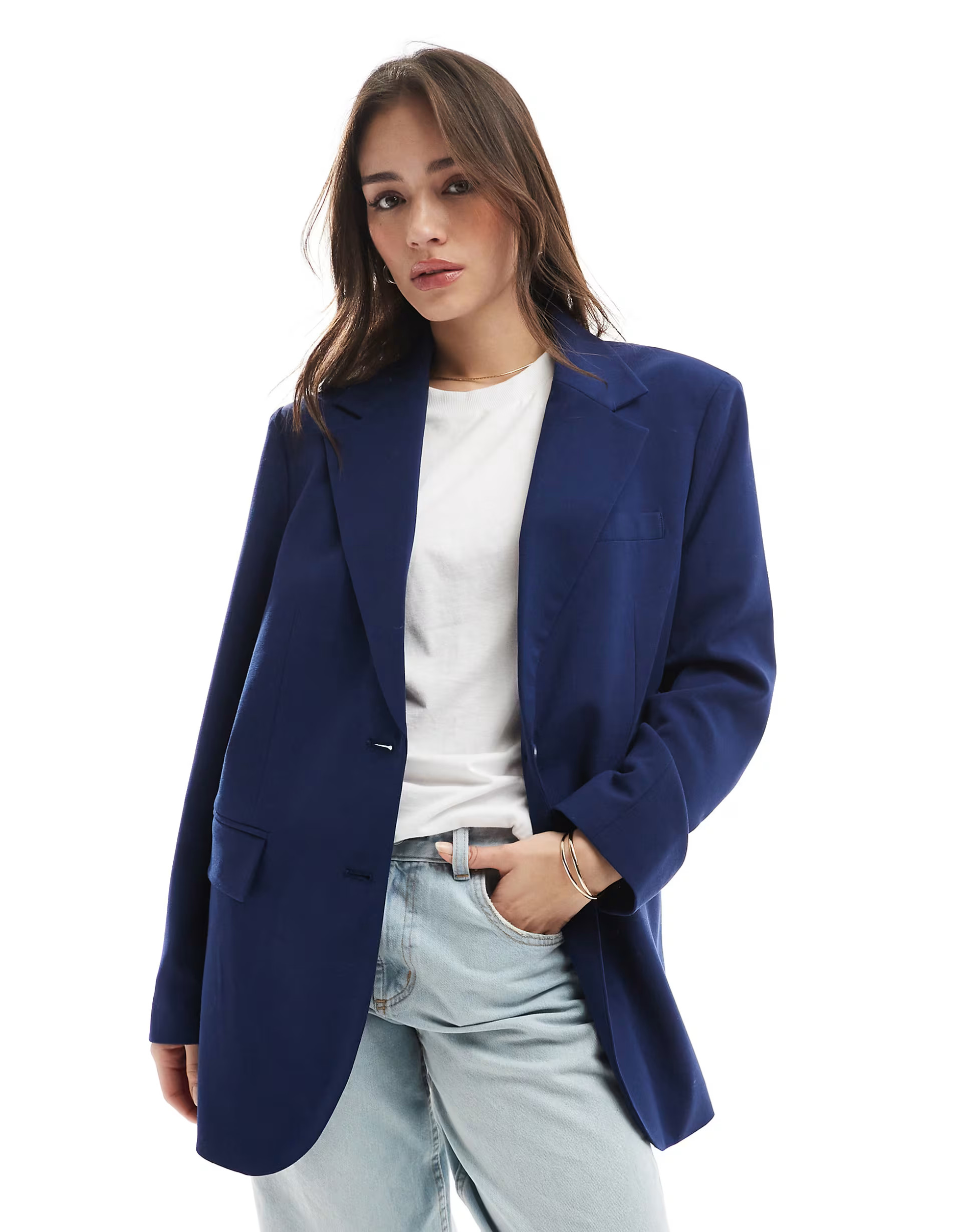 Stradivarius oversized blazer in navy | ASOS (Global)