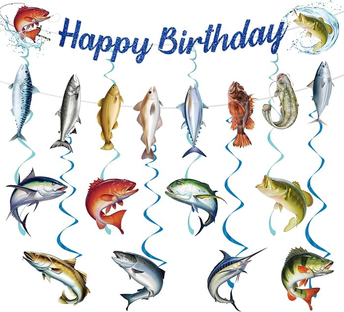 Fishing Birthday Party Decorations Include Happy Birthday Fishing Banner and Hanging Swirl Fish T... | Amazon (US)