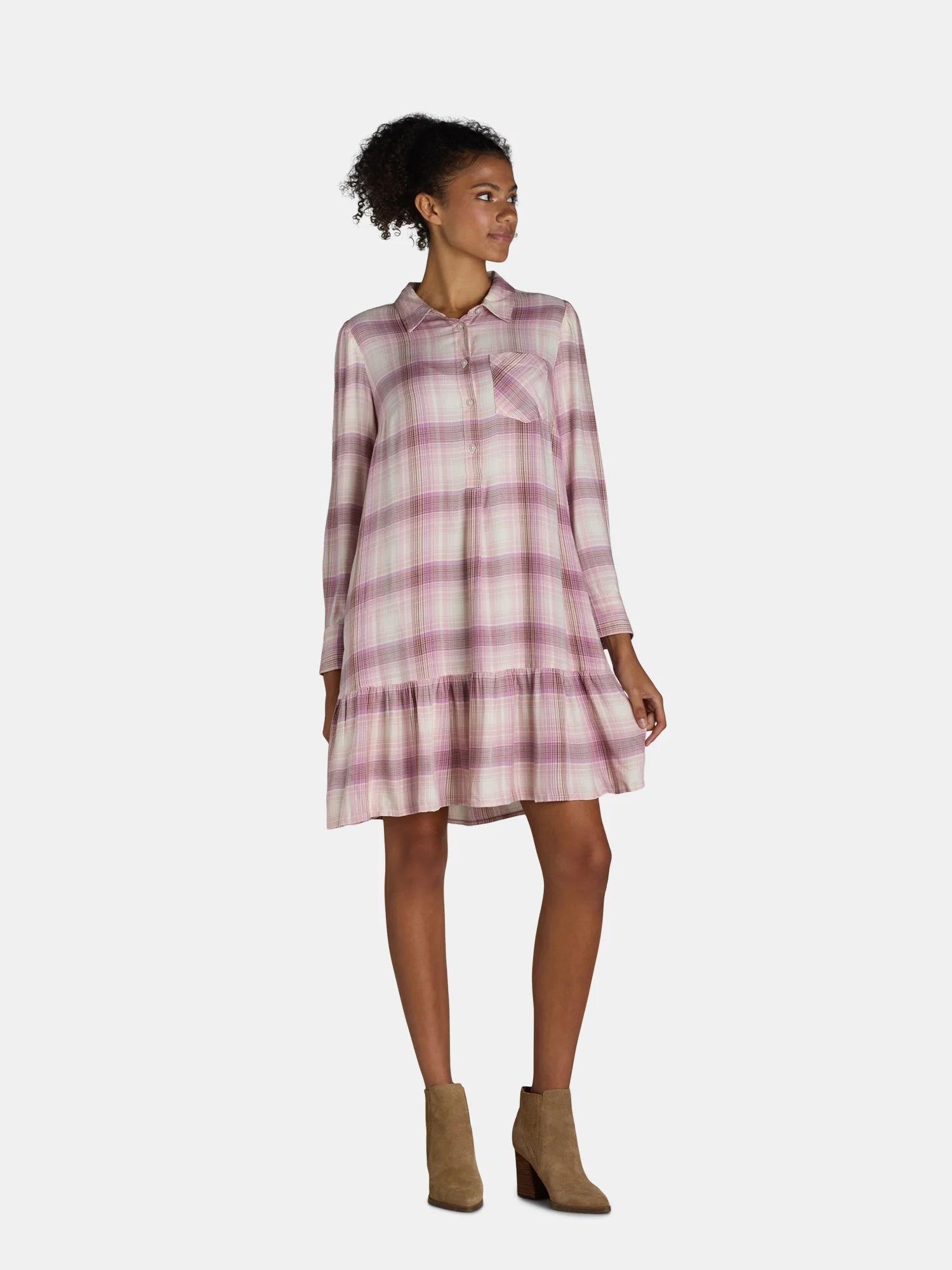 Time and Tru Women's and Women's Plus Ruffle Hem Mini Shirt Dress with Long Sleeves, Sizes XS-4X ... | Walmart (US)