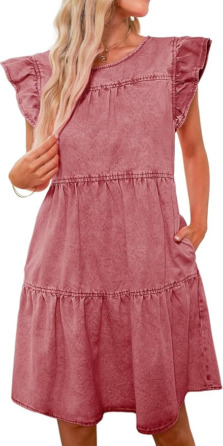 luvamia 2024 Denim Dress for Women Summer Babydoll Sleeveless Ruffle Sleeve Mini Dresses Loose Fl... | Amazon (US)