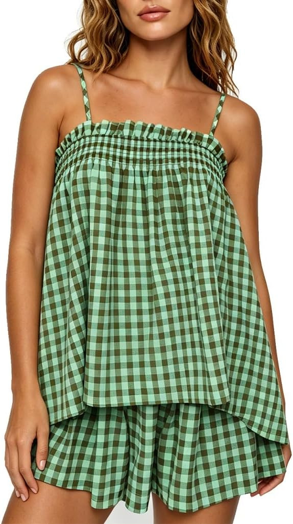 ROAONOCOMO Women Gingham 2 Piece Pajama Set Flowy Peplum Babydoll Cami Top Wide Leg Shorts Sets S... | Amazon (US)