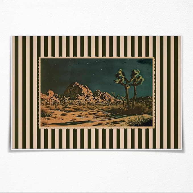 Vintage Desert Night Landscape Wall Art Eclectic Western Picture Decor Cactus Print Striped Canva... | Amazon (US)