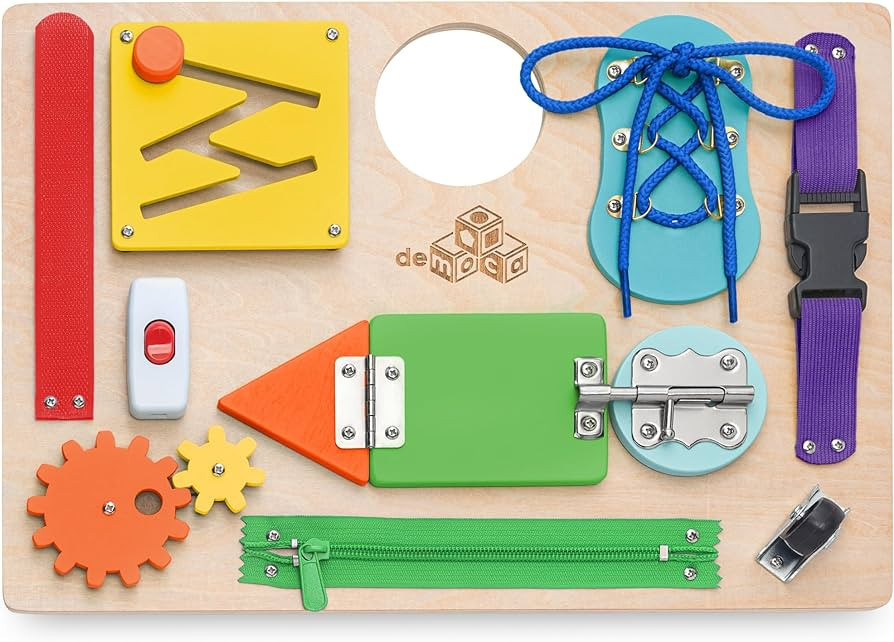 deMoca Montessori Busy Board for Toddlers, Kids Sensory Toy Wooden Activity Board with 10 Prescho... | Amazon (US)