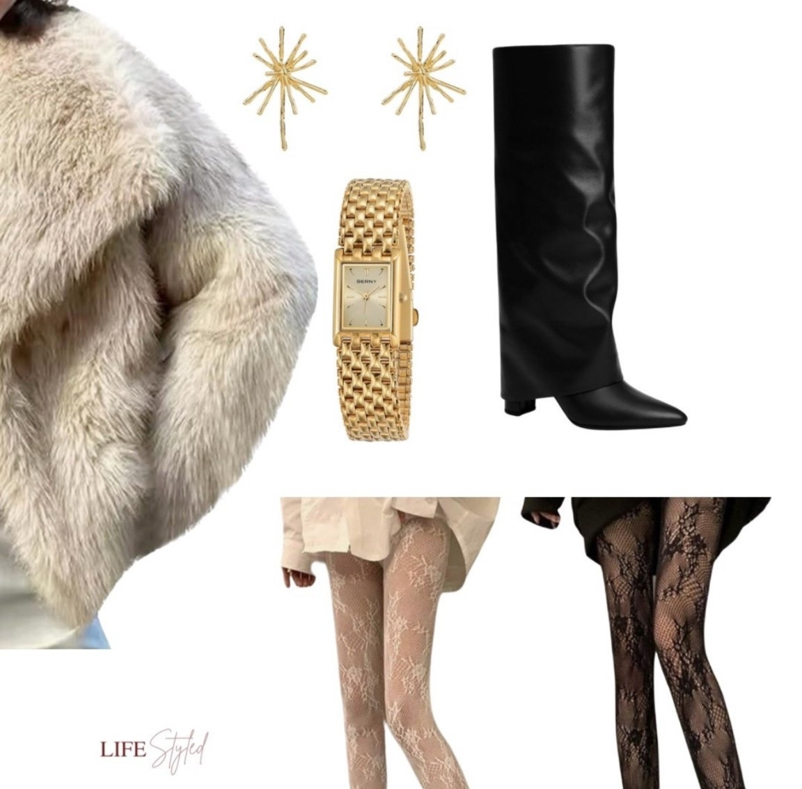 Holiday glam turned all the way up ✨ From black gold over boots to a luxe faux fur coat — every detail sparkles. Lace pantyhose, fireworks studs, and golden timepiece perfection 🖤

#LTKStyleTip  #LTKHoliday

#LTKCyberWeek