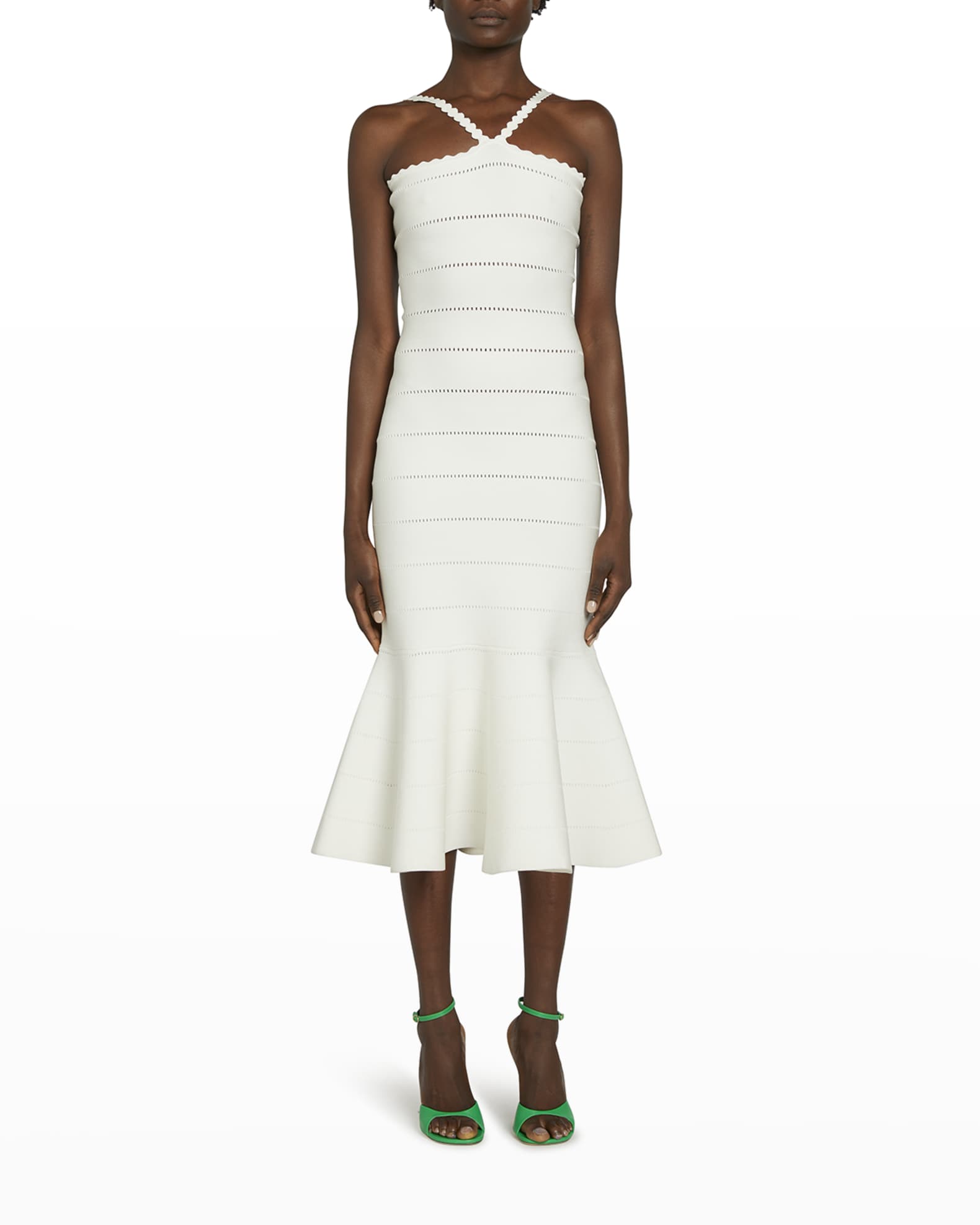 Scalloped-Strap Flare Midi Dress | Neiman Marcus