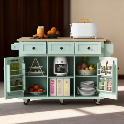 Kitchen Cart with Rubberwood Drop-Leaf Countertop, Rolling Kitchen Island with Storage Cabinet, Internal Door Racks & 3 Drawers, Green | Target