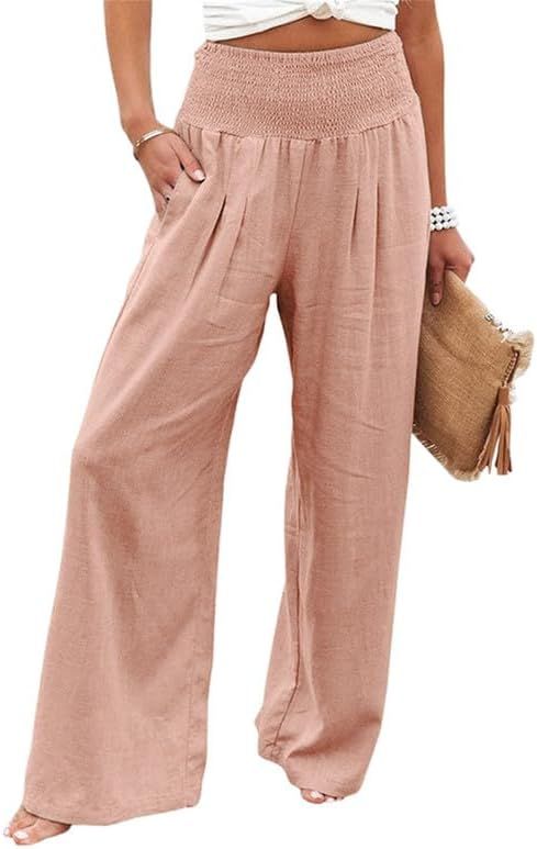 PURPEARL Palazzo Pants for Women Wide Leg High Waist Linen Trousers Stretchy Fall Casual Loose Co... | Amazon (US)