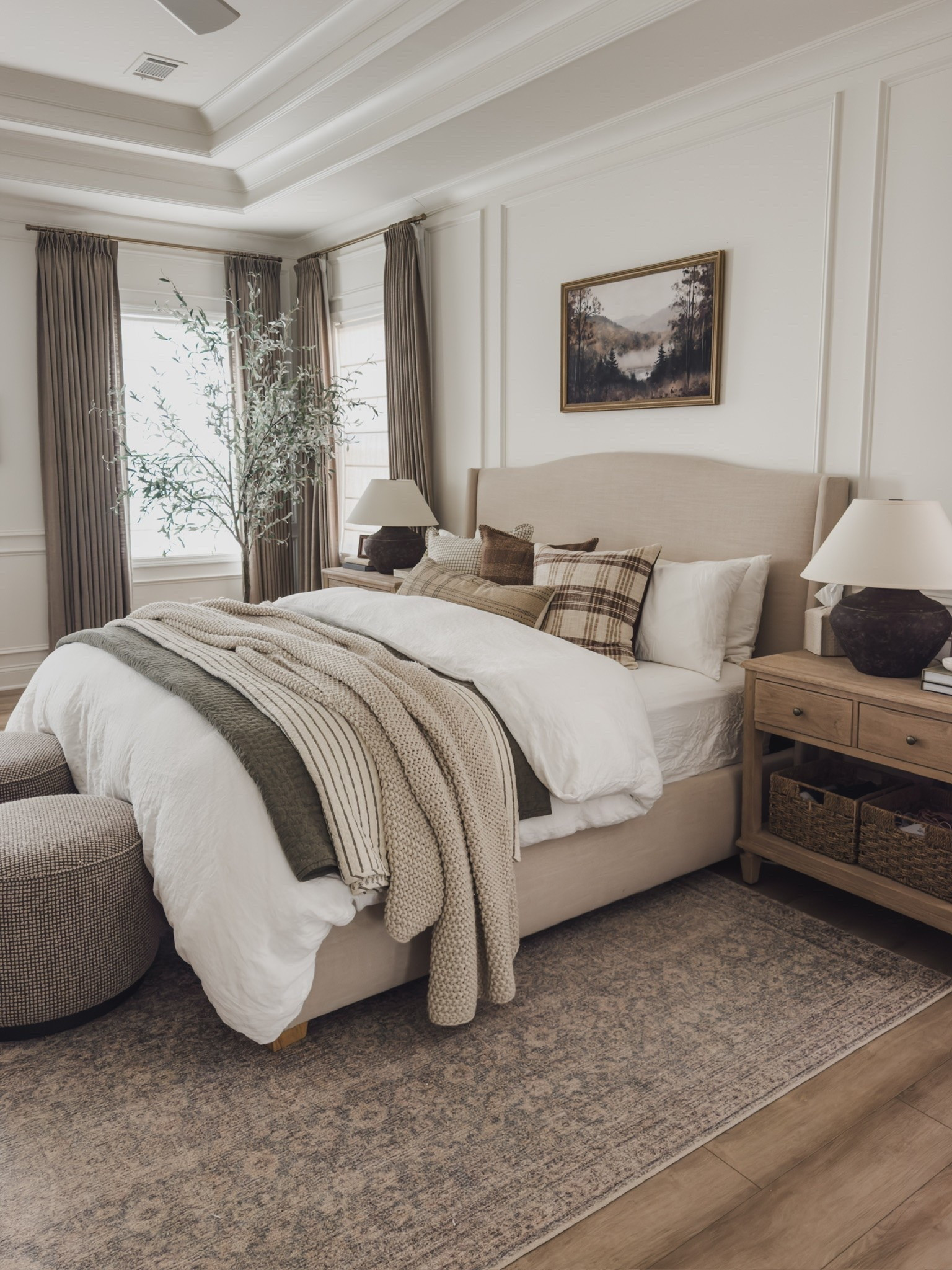 Timeless and collected fall bedroom views! Cozy, layered bedding combined with neutral tones and seasonal look.

Home finds, neutral home inspo, fall refresh, bedroom refresh, neutral wood tones, furniture favorites, timeless home inspo, linen upholstered bed, neutral rug, vintage inspired area rug, cozy bedding, nightstand details, faux olive tree, moody table lamp, ottoman details, pinch pleat curtains, Pottery Barn style, Wayfair, Two Pages, Galey Alix, Lumens, shop the look!

#LTKSeasonal #LTKHome