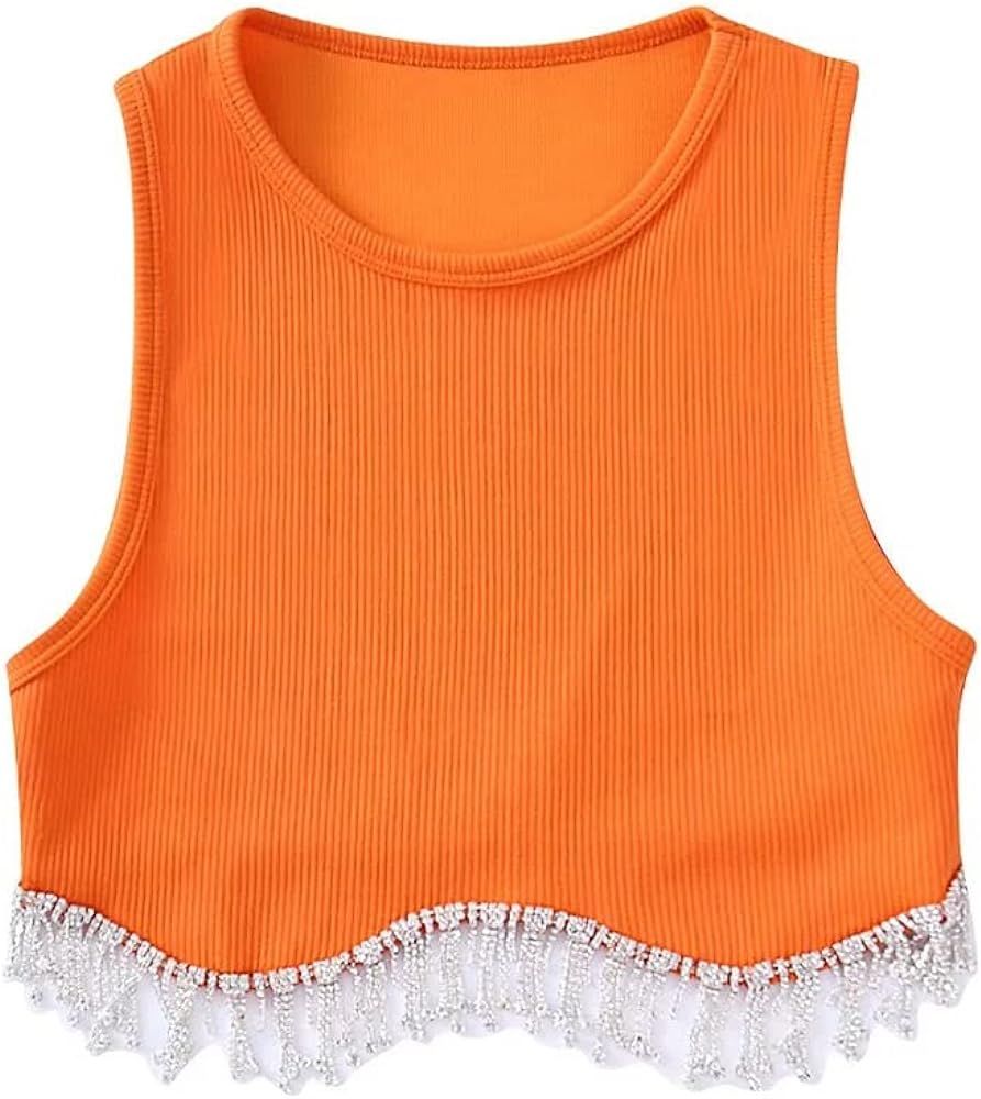 Meladyan Women Sexy Rhinestone Beading Tassel Trim Crop Tank Top Sleeveless Ribbed Knit Cropped Vest | Amazon (US)