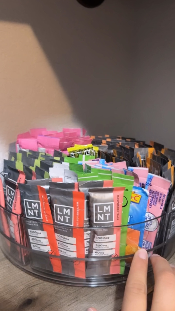 I love a clear divided lazy susan for drink packets! An amazing way to contain your items by category but also be able to see everything you have with just a spin! 👌🏼 

#LTKAmazon #LTKOrganizing #LTKPantry 