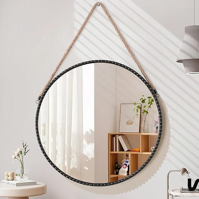Hanging Round Mirror Modern Metal Frame Wall Mirrors with Bead Artistic Rope Hanging Mirrors for ... | Amazon (US)