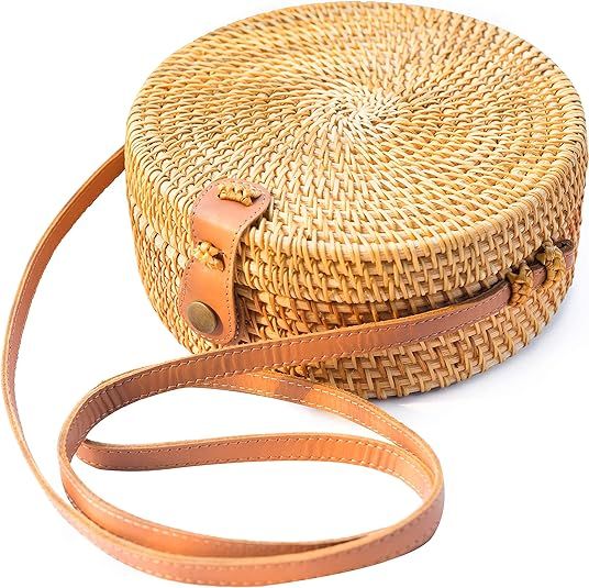 Handwoven Round Rattan Bag Shoulder Leather Straps Natural Chic Hand NATURAL NEO | Amazon (US)