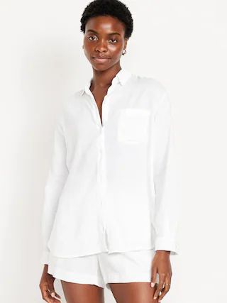 Linen-Blend Button-Down Boyfriend Shirt for Women | Old Navy (CA)