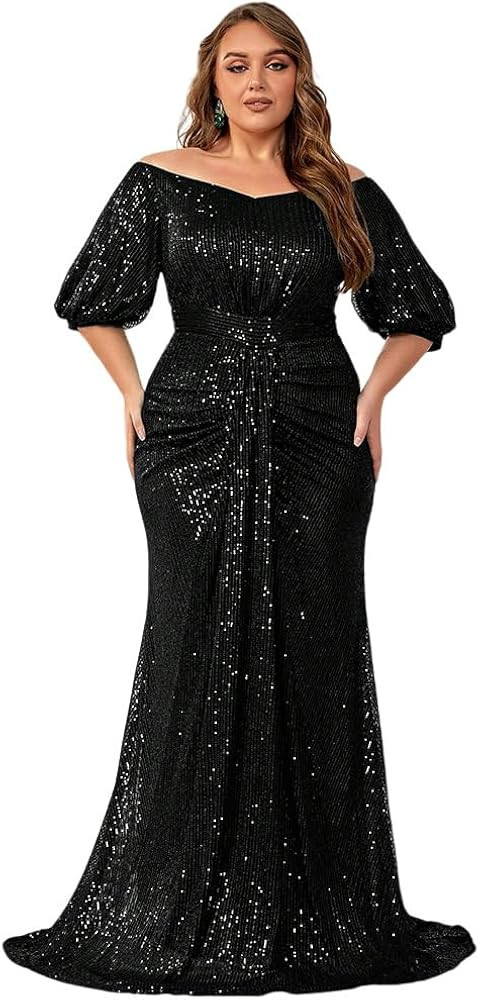 Women's Plus Size Off Shoulder Puff Sleeve Sequin Formal Maxi Dress Evening Party Gowns | Amazon (US)