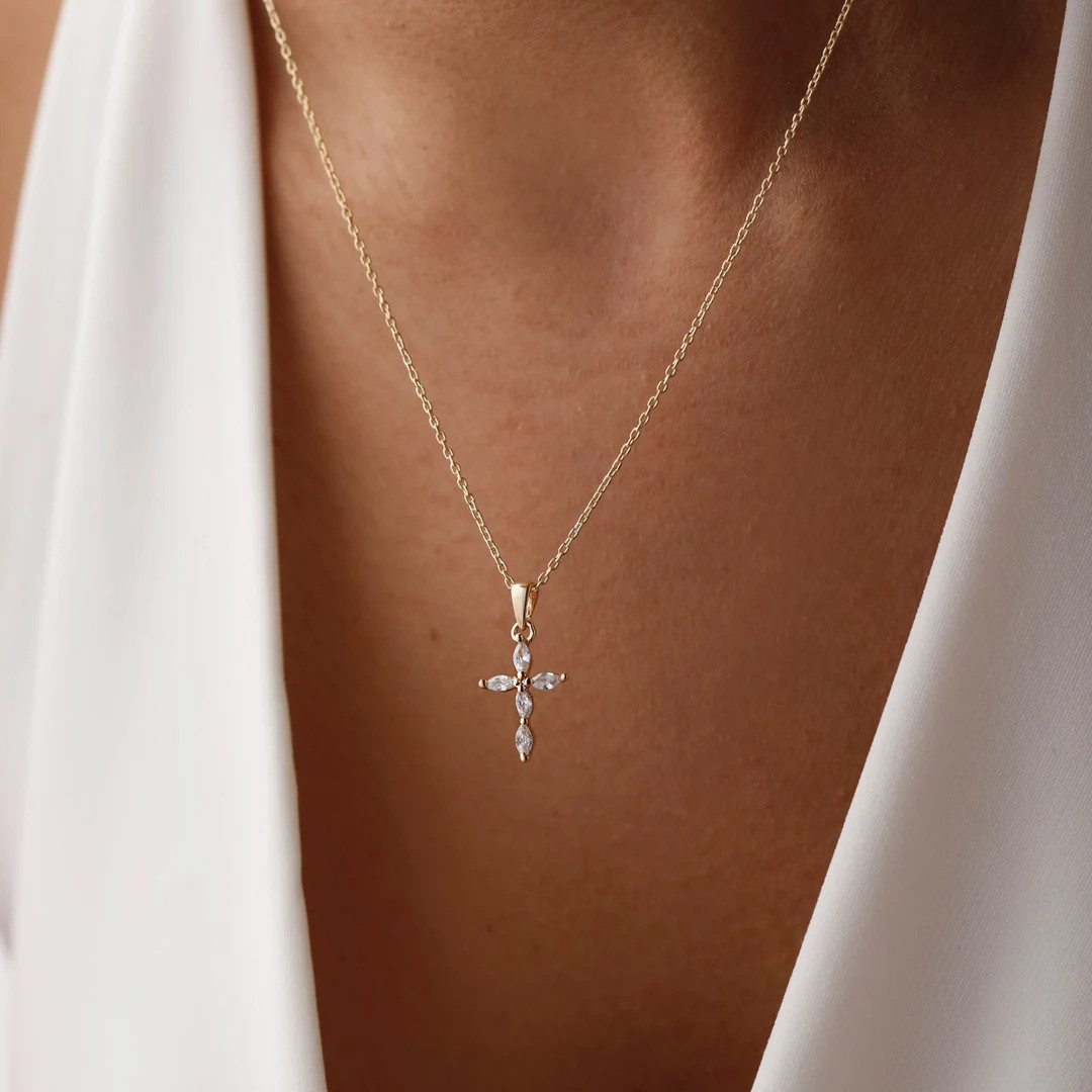 Dainty Diamond Cross Necklace, Minimalist Cross Necklace, Communion Gift, 925 Sterling Silver Cro... | Etsy (US)