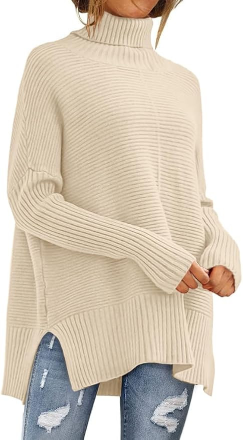 ANRABESS Womens 2023 Fall Sweaters Oversized Turtleneck Long Batwing Sleeve Split Hem Pullover Kn... | Amazon (US)