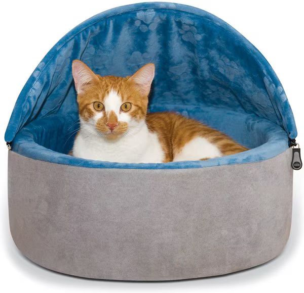 K&H PET PRODUCTS Self-Warming Hooded Cat Bed, Blue/Gray, Small - Chewy.com | Chewy.com