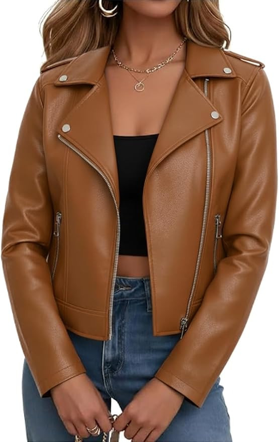 Ommiivex Women Leather Jacket Faux Cropped Coat Cute Short Zip Up for Casual Rock Concert Game Da... | Amazon (US)