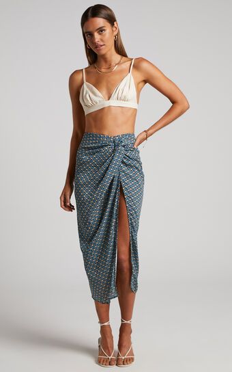 Brunita Midi Skirt - Twist Front Skirt in Tile Geo | Showpo (US, UK & Europe)