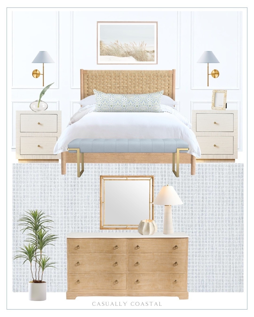 Coastal Primary Bedroom design! 
—-
Beachy bedroom, coastal bedroom design, coastal bed, resort-style bedroom, beach house bedroom, lake house bedroom, coastal rug, coastal bedding, coastal wall art, coastal artwork, woven bed, pottery barn bed, king size beds, queen size beds, grass cloth nightstand, quince bedding, white bedding, European linen duvet cover set, shell candle, Etsy artwork, coastal dunes framed artwork, wayfair rug, bedroom rug, Wayfair rugs, 9x12 rugs, 8x10 rugs, gray rug, coastal sconce, wall sconces, coastal bench, bedroom bench, coastal pillow covers, Etsy pillow cover, lumbar pillow cover, pottery barn dresser, light wood dresser, 6 drawer dresser, cotton bedding, quince bedding, 6 drawer wood dresser, coastal mirror, rattan table lamp, 4 foot tropical tree, fake trees, fluted ceramic round planter, white player, glass orb vase, faux aloe leaf, shell frame, coastal frame, nightstand decor, artwork for above bed, bedroom decor

#LTKHome