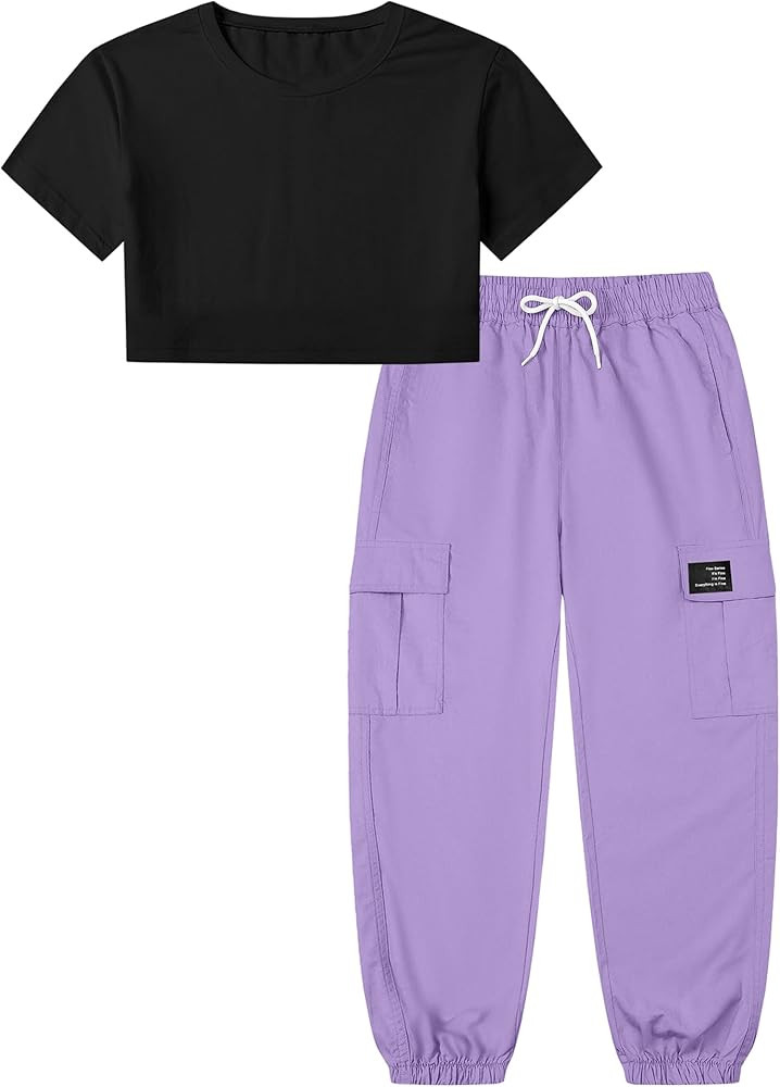 Betusline Girls 2 Piece Outfit Set, Short Sleeve Crop Top & Cargo Jogger Pants Trendy Casual Clot... | Amazon (US)