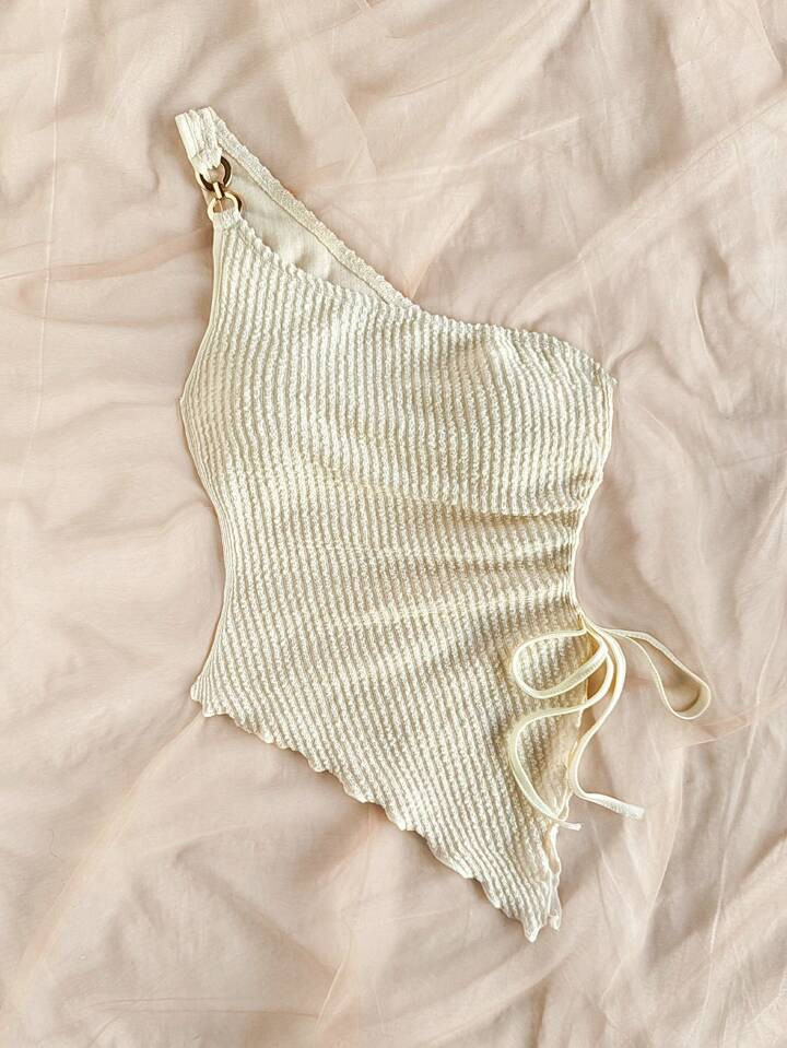 Soleia Plus Size Women's Summer Vacation Beige Knit Jacquard Texture One Shoulder Fitted Slit Hem Drawstring Ruched Cami Top, Suitable For Party, Date, Valentine's Day, Easter, Carnival, Afternoon Tea, Beach, Cruise, City Holiday | SHEIN