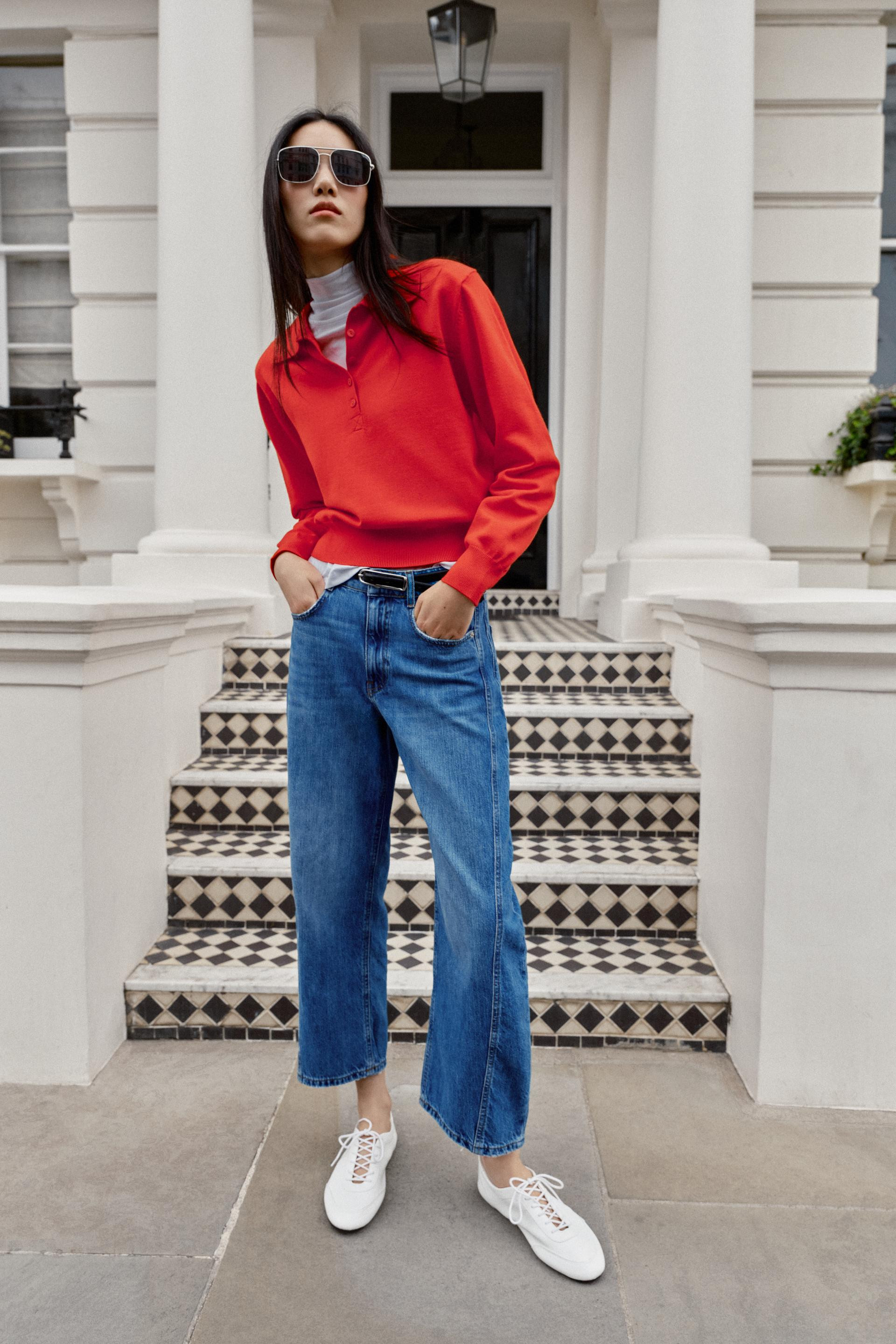 Zara - Knit Polo Jumper With Shoulder Pads - Red / Orange - L - Woman | Zara UK