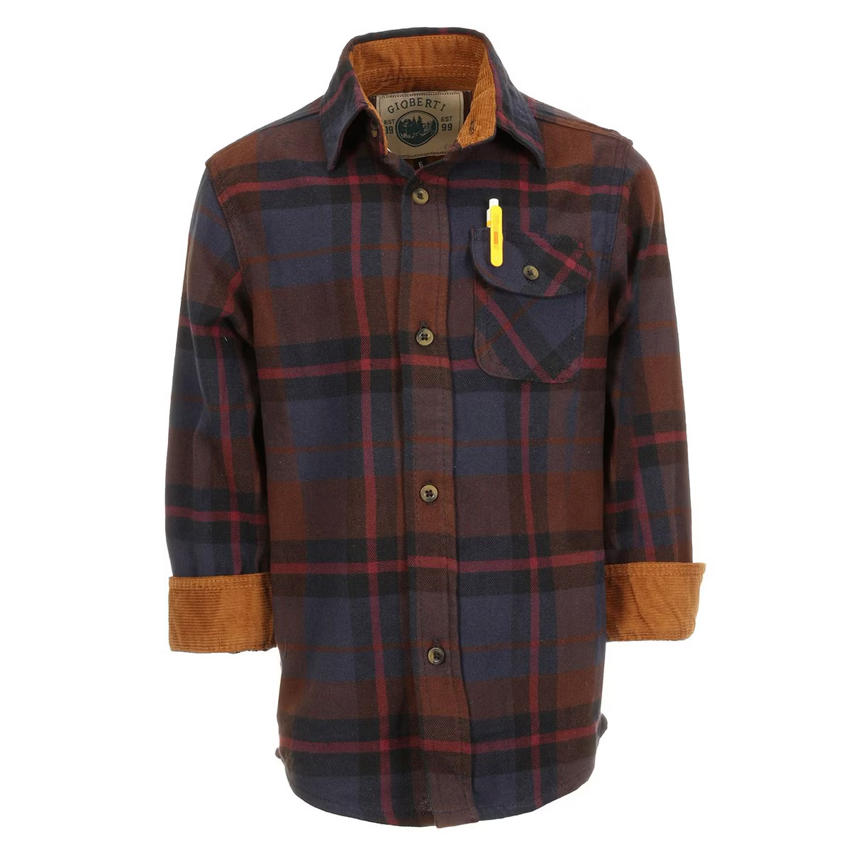 Gioberti Boy's Single Pocket Flannel Shirt with Corduroy Contrast | Target