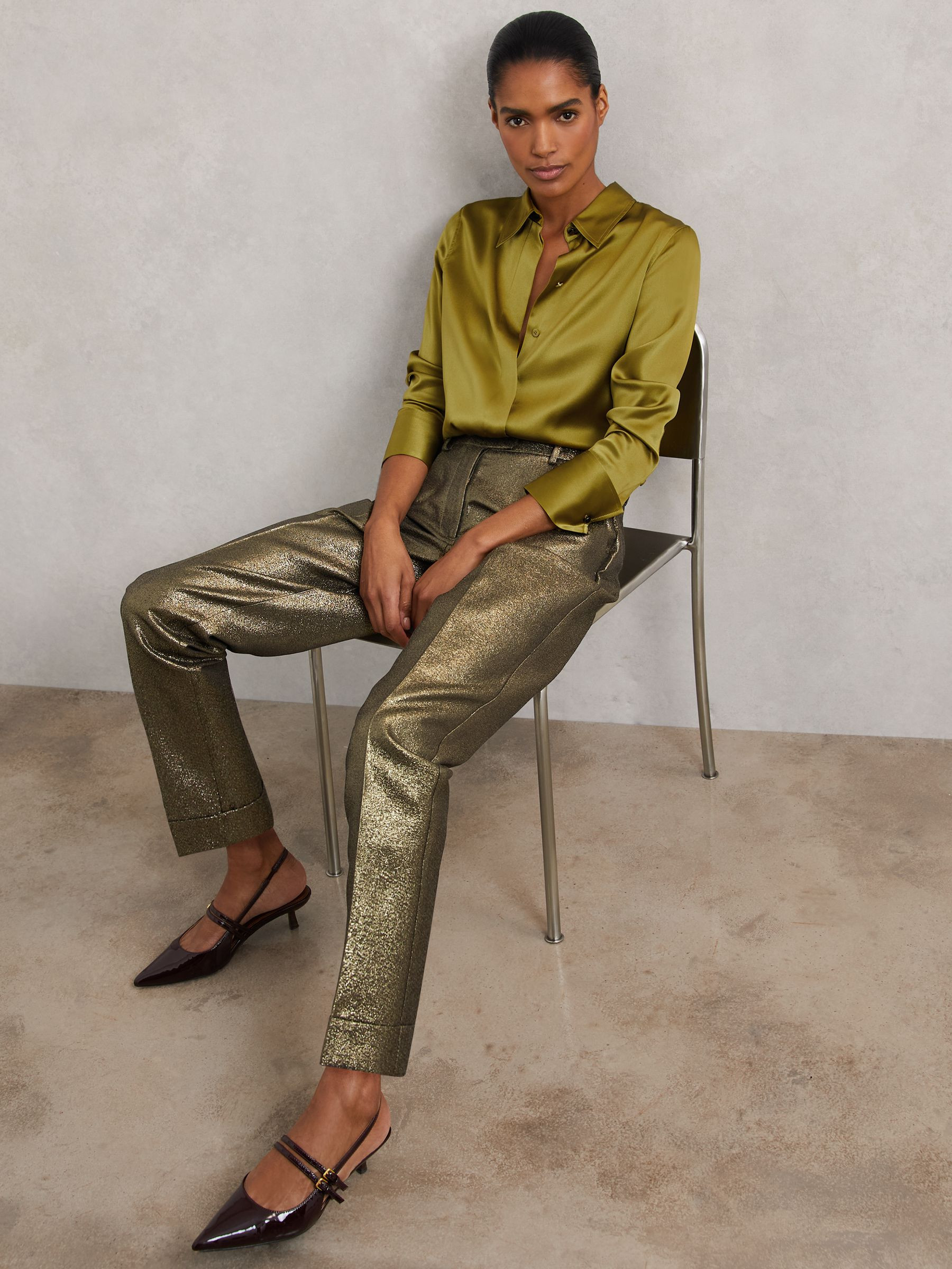 Reiss Tapered Metallic Suit Trousers with Cotton in Gold | REISS | Reiss DE