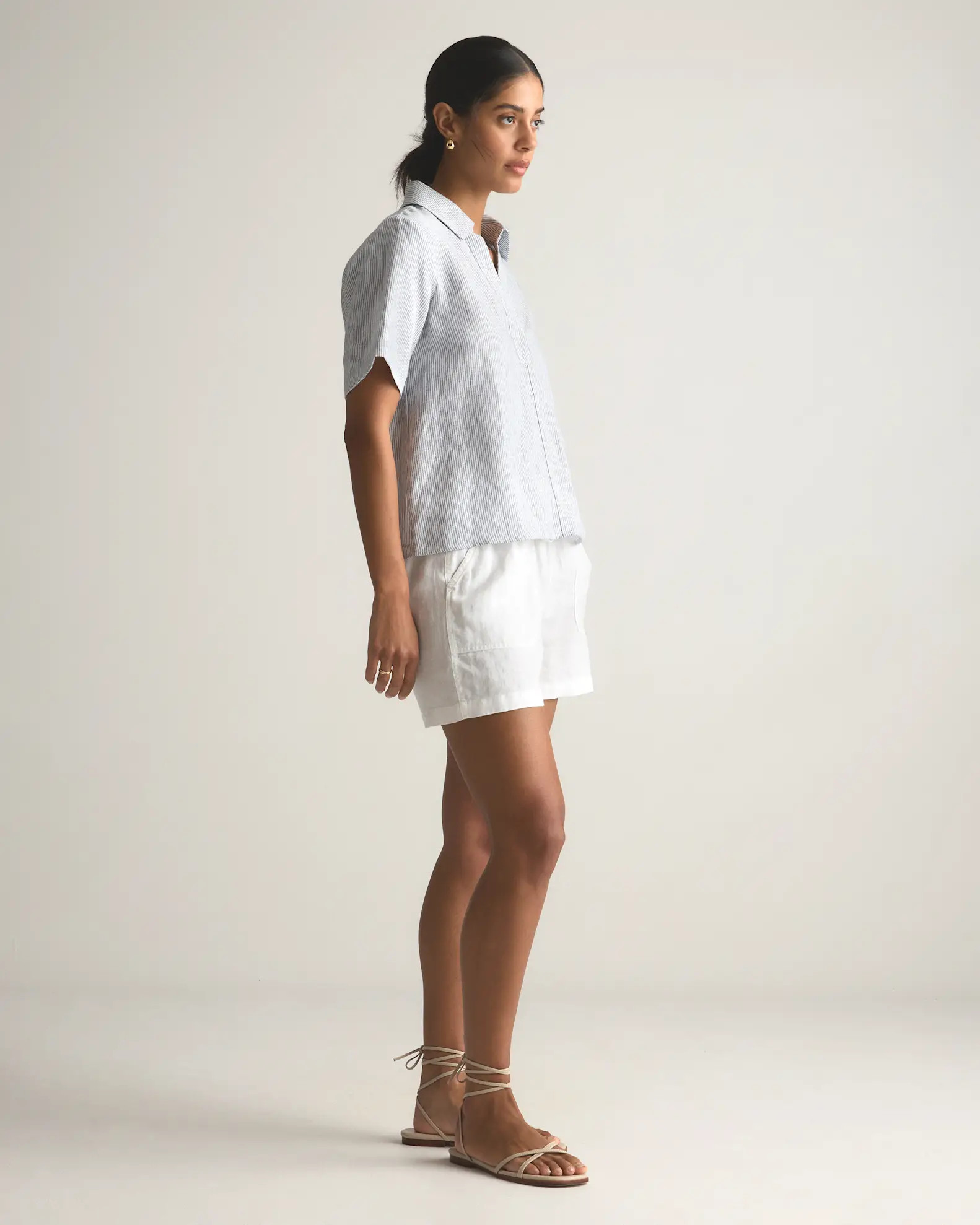 100% European Linen Short Sleeve Popover Top in Blue Pinstripe | Quince