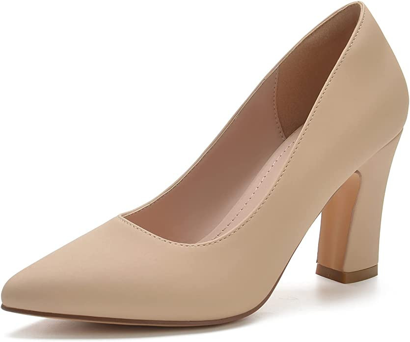 BUEUPU Women's Chunky High Heels Closed Pointed Toe Pumps Dress Office Shoes for Women | Amazon (US)