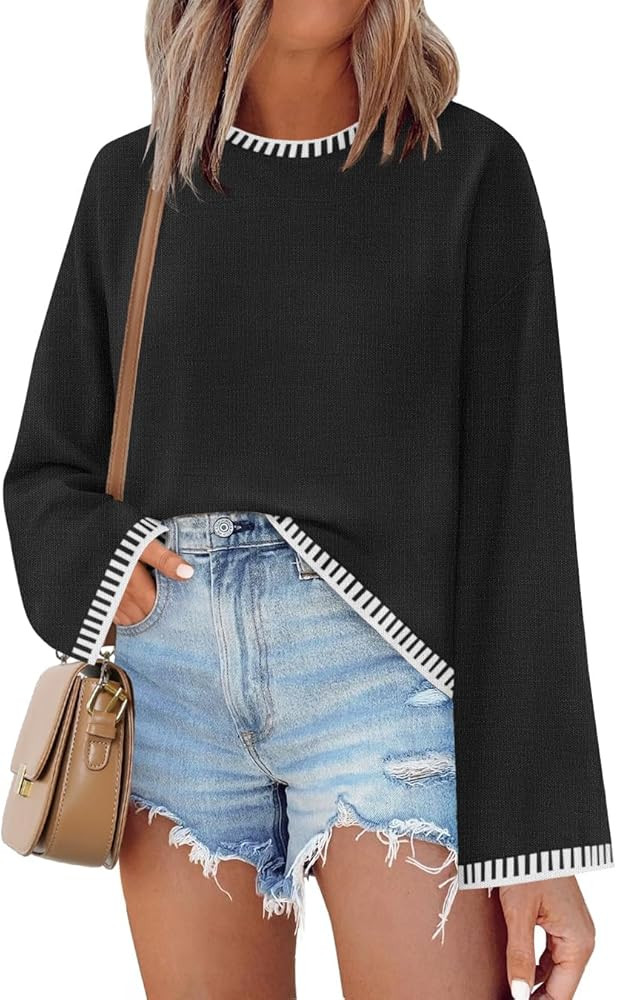 ZESICA Women's Oversized Long Sleeve Sweaters 2024 Fall Crewneck Color Block Loose Ribbed Knit Pu... | Amazon (US)