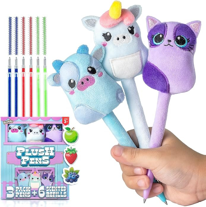 BUNMO Plush Cute Pens 3-Pack \u2013 Squishy Animal Pens w/Scented Glitter Ink Refills \u2013 Cat,... | Amazon (US)