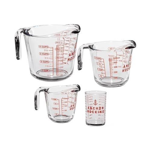 Anchor Hocking Glass Measuring Cups, 4 Piece Set (5 Ounce, 1 Cup, 2 Cup, 4 Cup liquid measuring cups) | Amazon (US)
