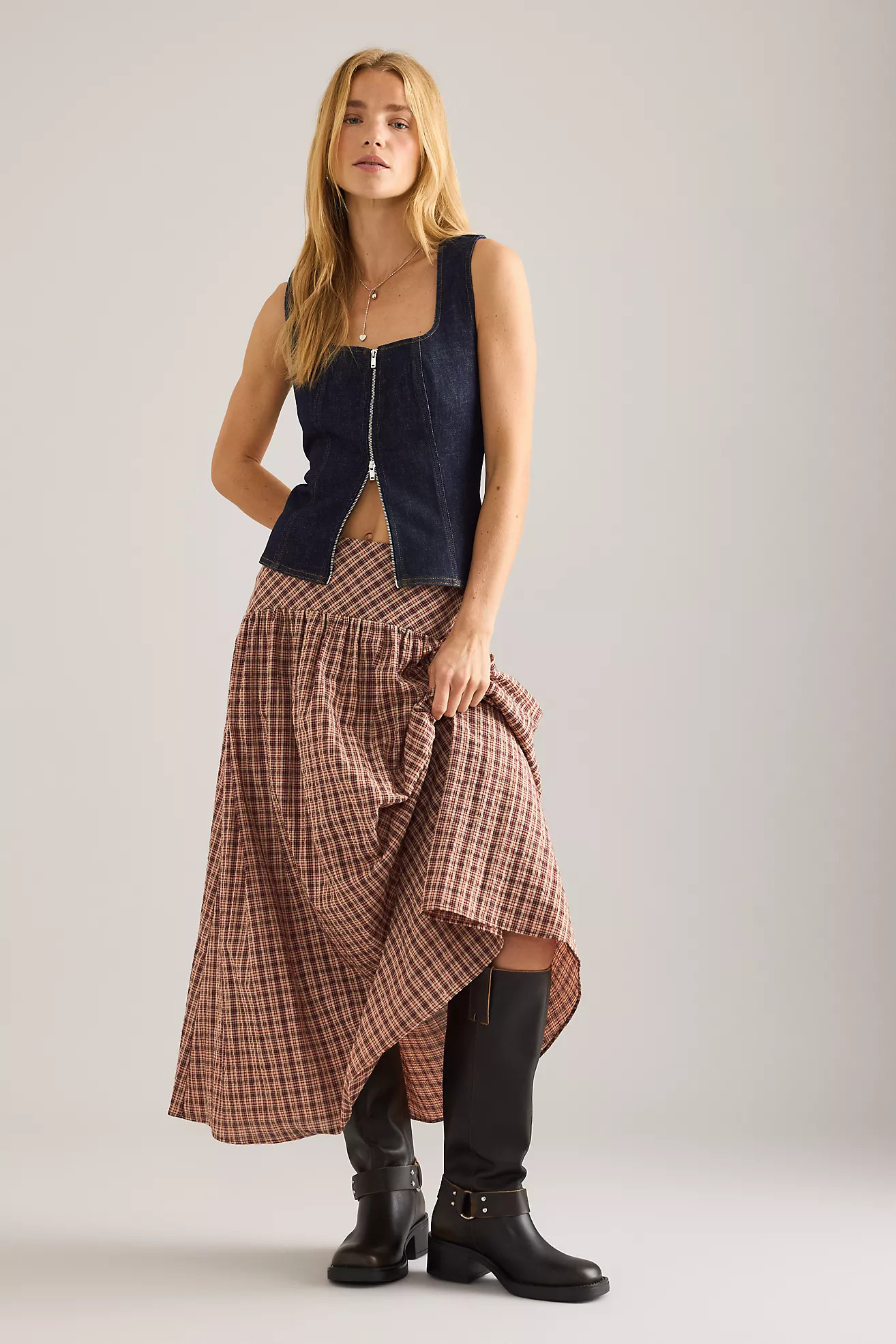 By Anthropologie Basque Waist Check Midi Skirt | Anthropologie (UK)