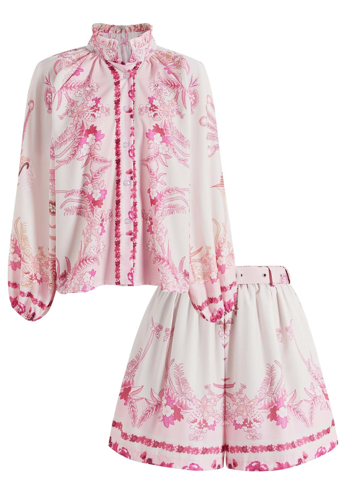 Boho Floral Puff Sleeve Top and Belted Shorts Set in Pink for Vacation & Weekend Brunch | Chicwish