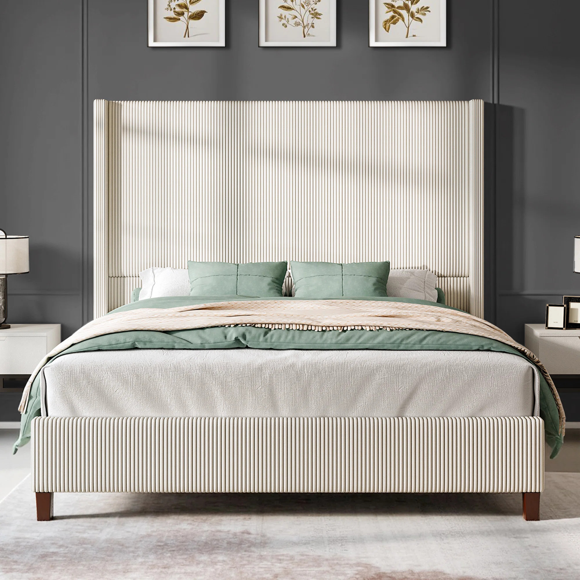 Wauseon Upholstered Wingback King Size Platform Bed,Cream | Wayfair North America