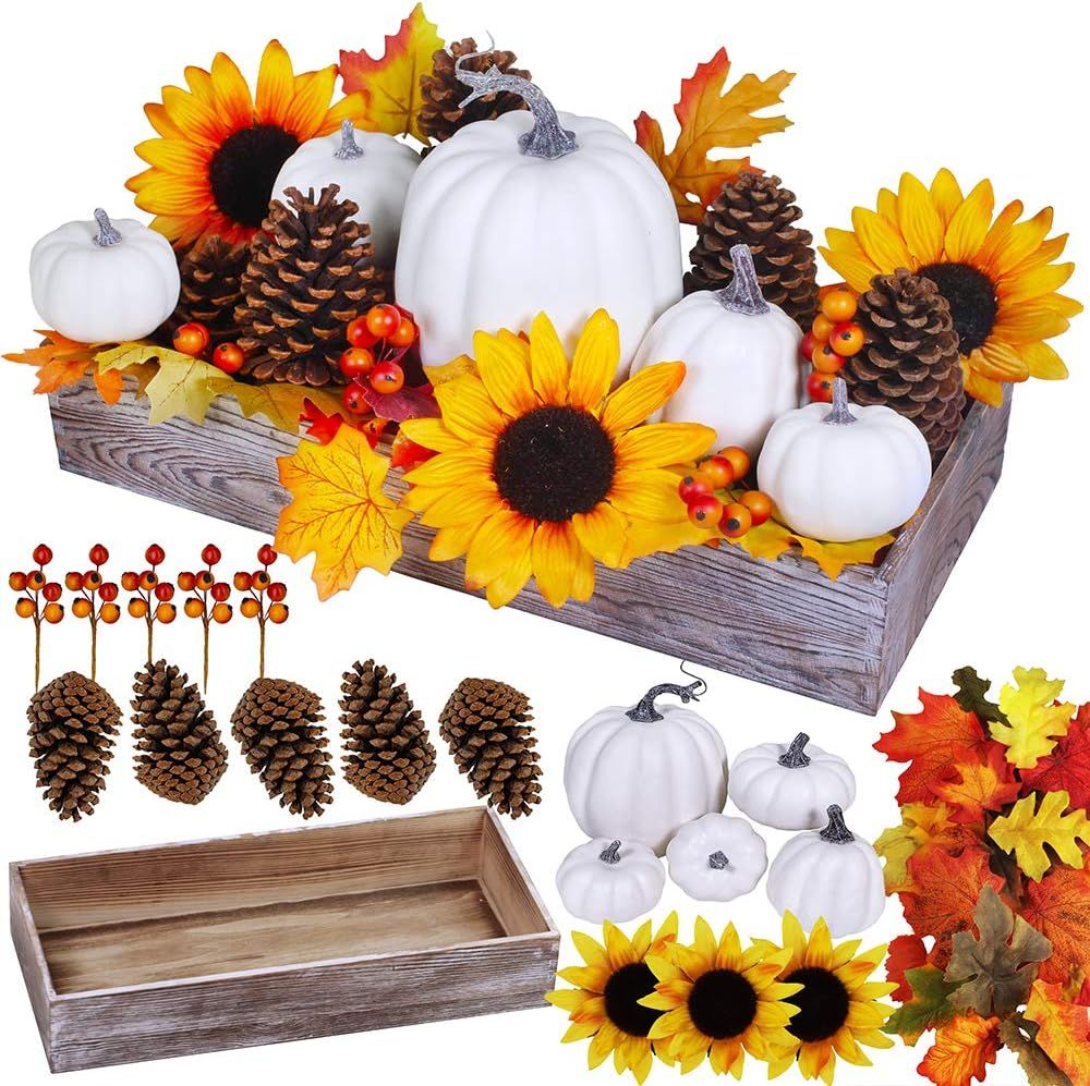 Bulk Assorted Artificial White Pumpkins Fall Centerpiece Artificial Maple Leaves in Rectangle Whi... | Amazon (US)