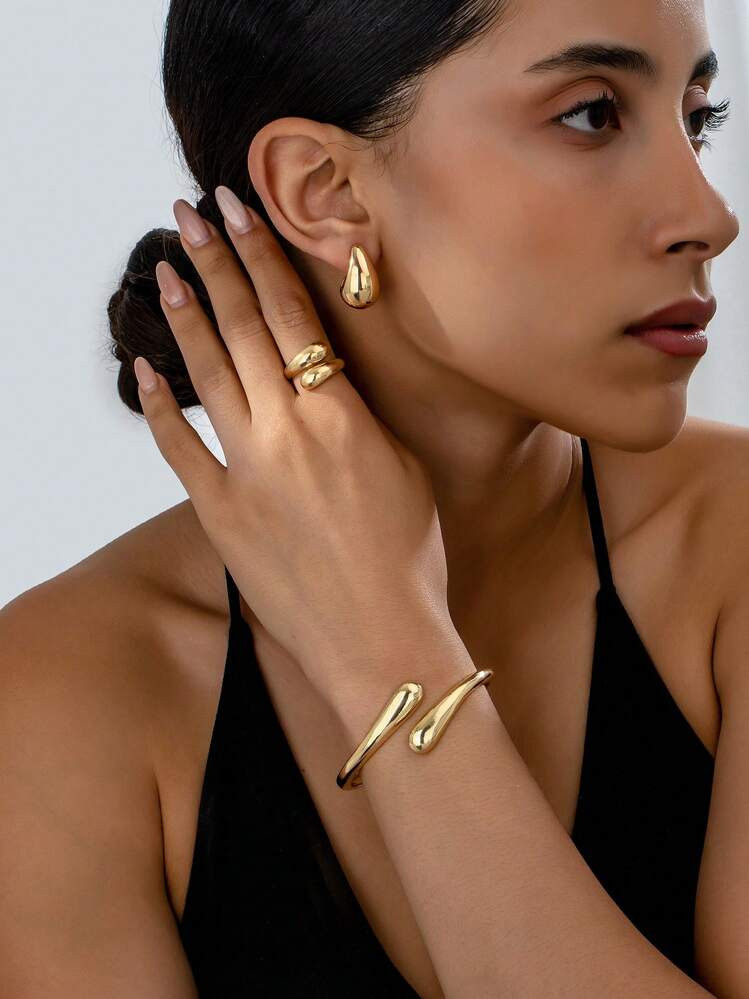 3pcs Fashionable Simple Heavy Metal Geometric Teardrop Shaped Glossy Women's Bracelet, Ring, And ... | SHEIN