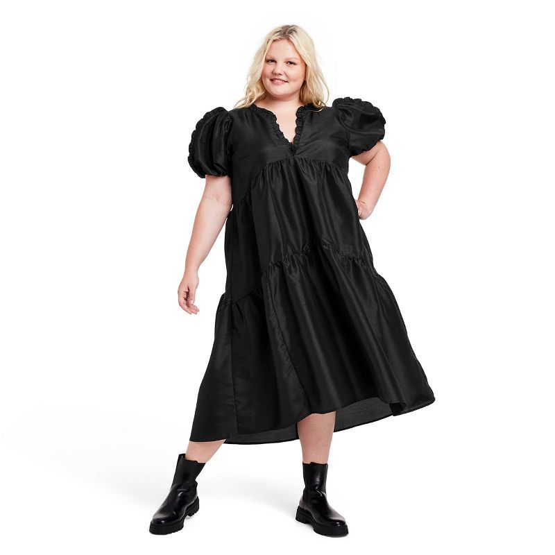 Women's Tiered Ruffle Edge Puff Sleeve Midi Dress - Kika Vargas x Target Black | Target