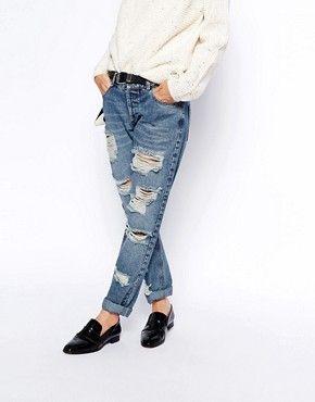 ASOS Brady Low Rise Slim Boyfriend Jeans in Mid Wash with Extreme Rips - Mid wash blue | ASOS US