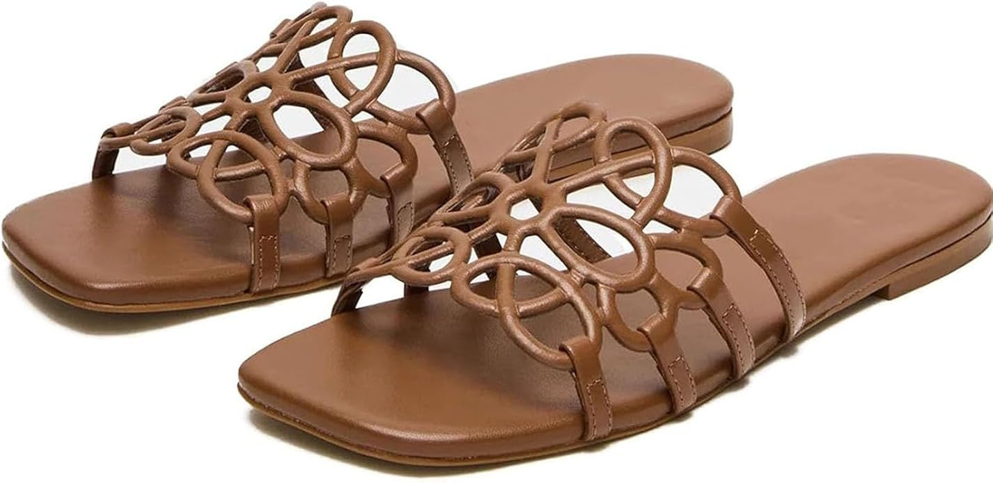 Flat Sandals for Women with Memory Foam Non Slip Slides Sandals 2026 Square Toe Slip on Comfortab... | Amazon (US)