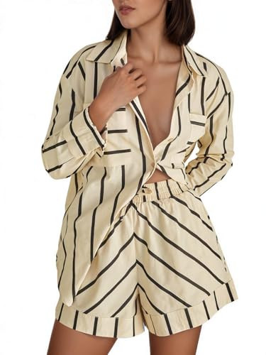 Tankaneo Womens Striped 2 Piece Outfits Button Down Shirts and Shorts Lounge Matching Sets Beige | Amazon (US)